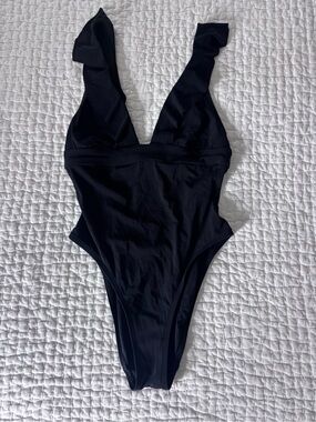 Robin Piccone Black One-Piece Swimsuit with Ruffle & Drawstring Detail